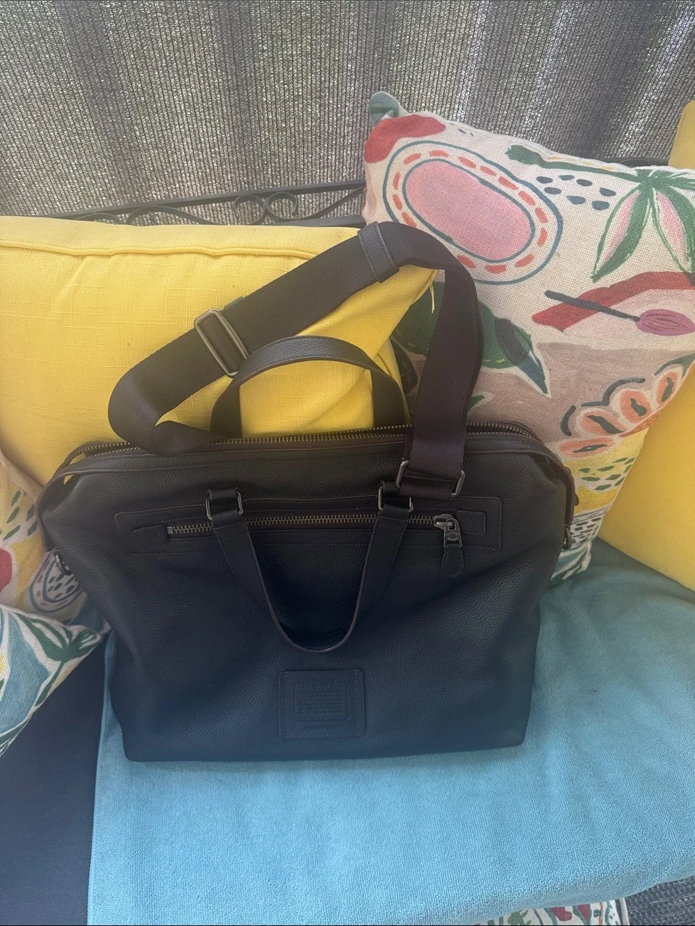 Men's Black Pebble Leather Briefcase Tote - Coach